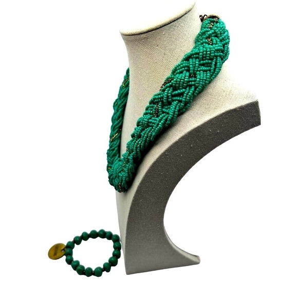 Faux Turquoise Beaded Necklace & Bracelet Set With "Breathe" Charm - Picture 3 of 8